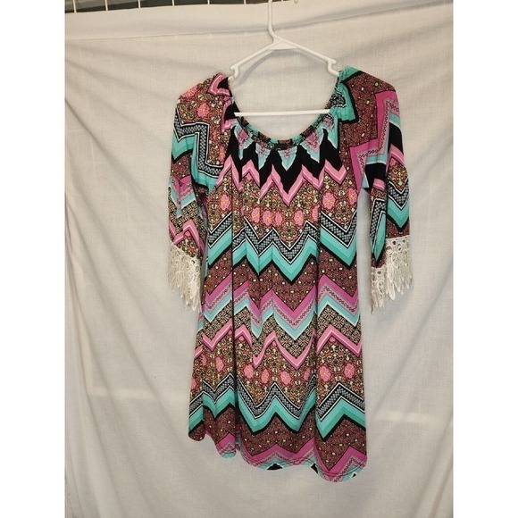 Chevron Top Tunic Boho Blouse Size XLarge 3/4 Lace Multi-Color Hippie Women's - Picture 3 of 8